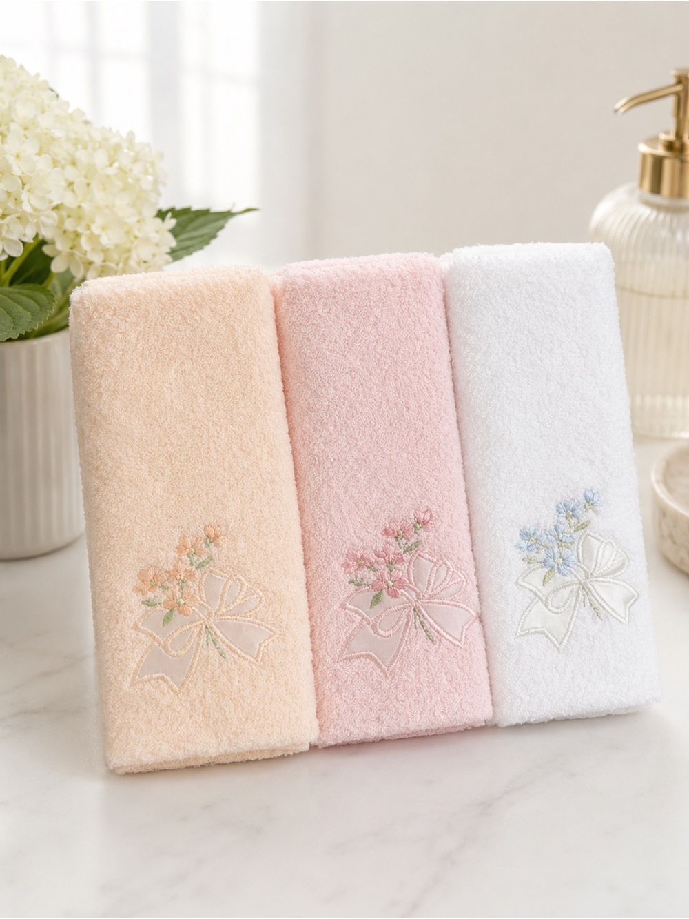 Uchino Japan Set of 3 Cotton Face Hand Towels Floral Embroidery New